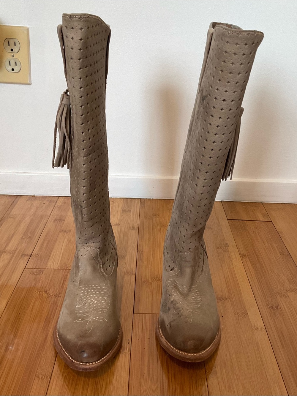 Miss Sixty Taupe Perforated Over-the-Knee Suede Boots with Tassel - Picture 4 of 16